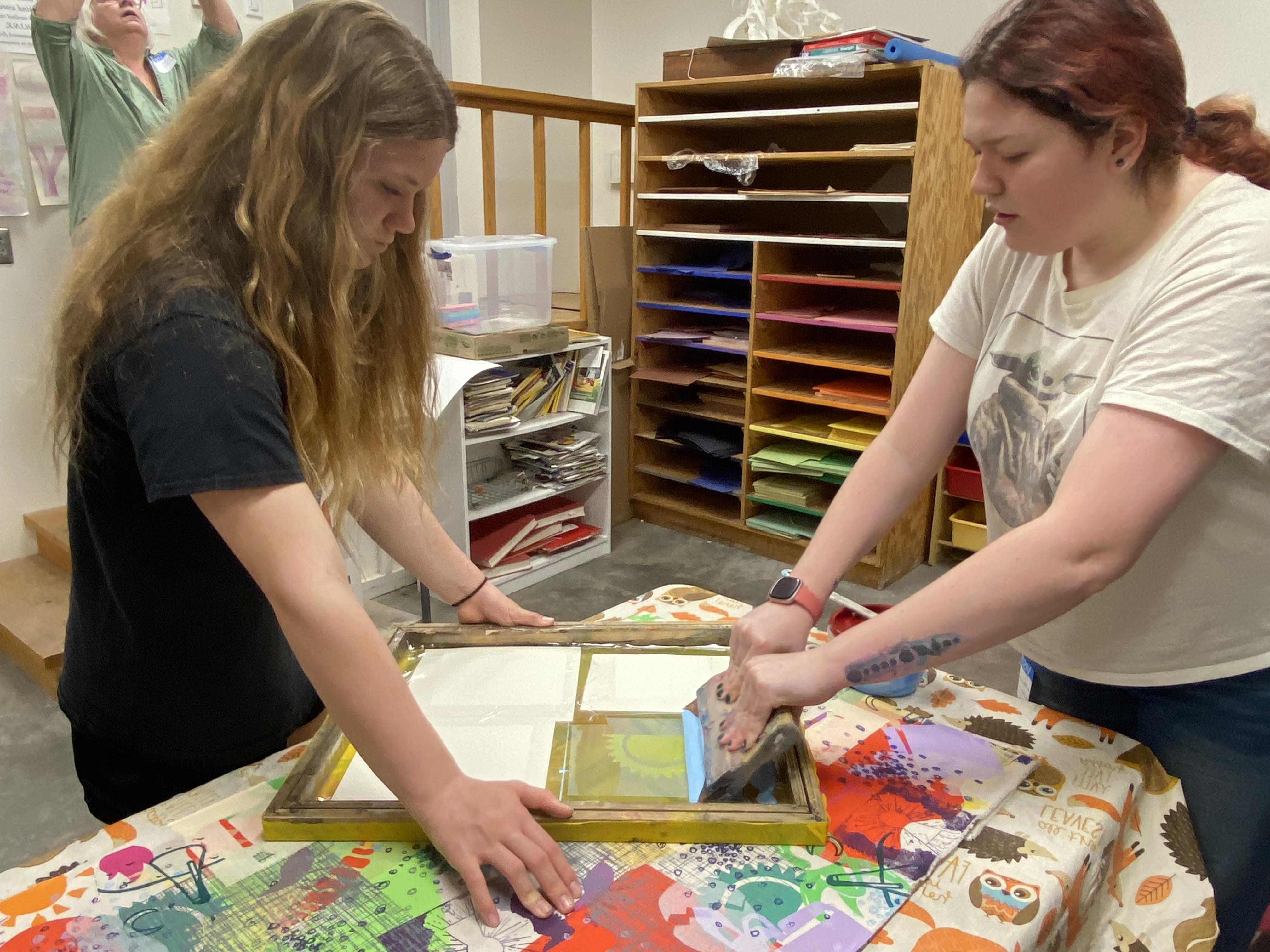 Printmaking with college students and seventh graders
